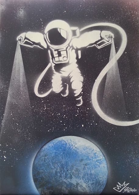 Stencil Art Ideas Graffiti, Space Graffiti Art, Stencil Graffiti Art, Astronaut Stencil, Murals School, Space Stencil, Space Graffiti, Astronaut Graffiti, Gravity Art