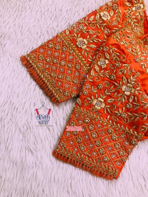 Maggam Work On Orange Blouse, Full Hand Maggam Work Designs, Full Maggam Work Blouse Designs, Maroon Blouse Designs Bridal, Orange Blouse Maggam Work Designs, Orange Blouse Designs, Latest Bridal Blouse Designs Heavy Work, Pelli Blouse, Exclusive Blouse Designs