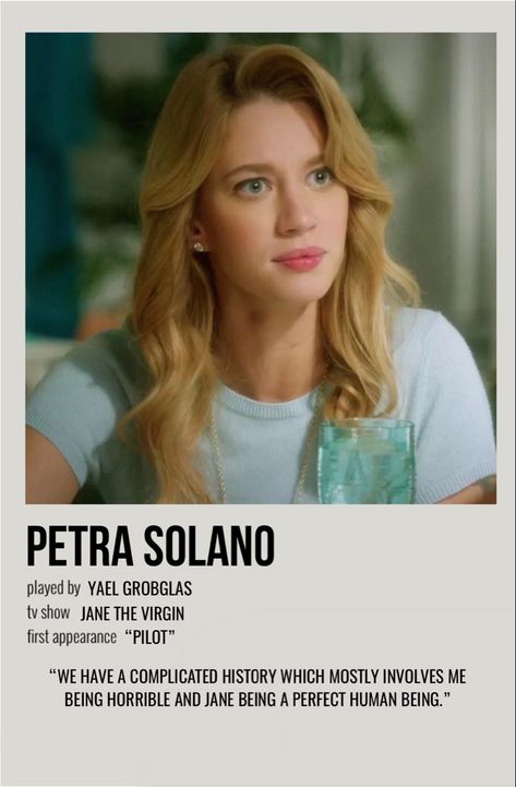 minimal polaroid character poster for petra solano from jane the virgin Jane The Virgin Poster, Petra Jane The Virgin, Petra Solano, Alt Posters, Character Posters, Polaroid Posters, Character Poster, Film Posters Vintage, Movie Poster Wall