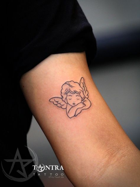 5x5 Tattoo, 5x5 Tattoo Ideas, Angel Tattoo Ideas, Baby Memorial Tattoos, Baby Angel Tattoo, Cherub Tattoo, Baby Memorial, Hand Tats, Spiritual Tattoos