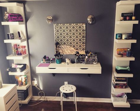 Shelf vanity idea. Perfect to store all you makeup in a small room. Neat and Inexpensive! Hanging Vanity, Lack Shelf, Ikea Lack Shelves, Ikea Vanity, Rangement Makeup, Ikea Shelf, Diy Makeup Vanity, Vanity Shelves, Makeup Station