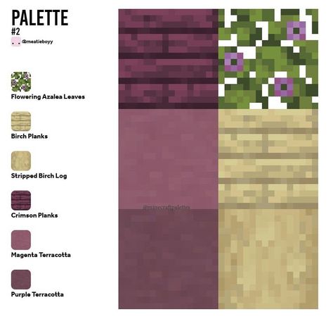 Purple Minecraft Palette, Minecraft Building Ideas Purple, Purple Minecraft House, Minecraft Colour Palette, Minecraft Color Palette, Minecraft Pallets, Purple Minecraft, Block Pallets, Minecraft Create