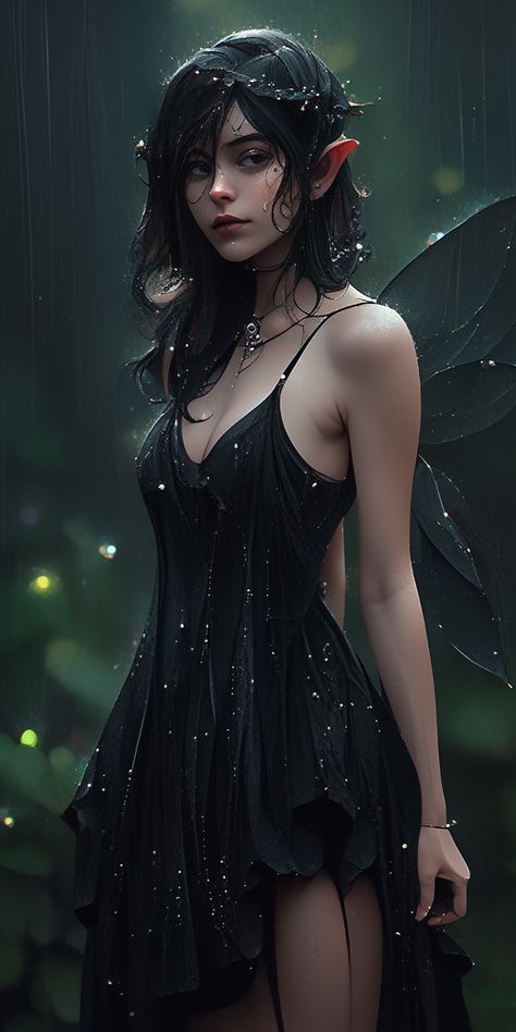 Ai art Fairy Black Hair, Fairy Assassin, Fae Fashion Aesthetic, Goth Fairy Art, Dark Fairy Character Design, Dark Fairy Fashion, Dark Fairycore Photoshoot, Fairy With Black Hair, Dark Fae Outfits