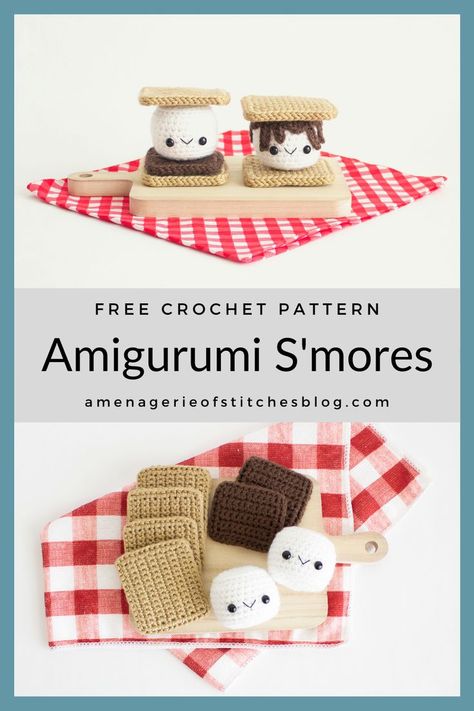 Let's crochet s'mores! Making this super sweet and tasty treat is a favorite summertime activity and today we're going to indulge and make a few crocheted versions! This FREE amigurumi crochet pattern teaches you how to make this adorable treat. With step-by-step photos and a full written tutorial, you'll be making these faster than it takes to start that campfire! ****This full crochet pattern is free on my blog www.amenagerieofstitchesblog.com **** Crocheted Play Food, Camping Crochet Patterns, Crochet Cinnamon Roll Free Pattern, S'more Crochet Pattern, Crochet Smores Pattern Free, Beginner Friendly Crochet Patterns, 2d Crochet Patterns, Crochet Mini Food, Crochet Poptart Free Pattern