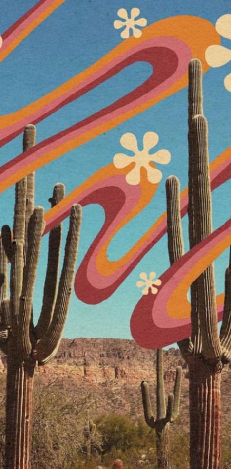 Retro Western Aesthetic, Western Wallpaper, Desert Aesthetic, Cactus Art Print, Hippie Aesthetic, Western Wallpaper Iphone, Desert Art, Nature Posters, Cactus Art