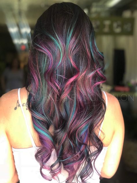 Unicorn hair! #mermaid #unicorn #balayage #pink #teal #purple #blue Mermaid Balayage Hair, Balayage Vivid Color, Brunette With Colorful Highlights, Gender Reveal Hair Color, Vivid Underneath Hair, Unicorn Hair Color Peekaboo, Red And Blue Balayage Hair, Blue And Purple Hair Color Ideas For Brunettes, Blue And Purple Hair Highlights Brunettes