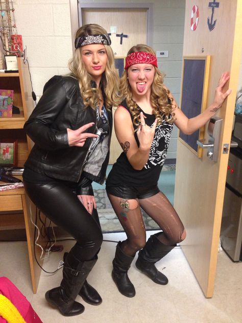 Halloween costume--biker chicks Biker Girl Halloween Costume, Biker Girl Halloween, Rocker Halloween Costume, Biker Girl Costume, 80s Rocker Chick, Biker Chick Costume, Biker Halloween Costume, Biker Halloween, Biker Costume