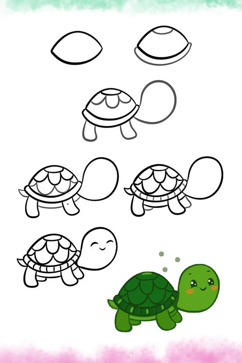 Step by Step how to draw Turtle for children #turtle #drawing #tutorial #kawaiidrawing #kawaii #cutebabyanimals #animals #art #aesthetic #kidsroom #wallpaper Paint A Turtle, How To Draw Turtle, Draw Turtle, Turtle Cartoon, How To Draw Cute, Bento Cakes, Turtle Drawing, Cute Turtle, Cute Turtles