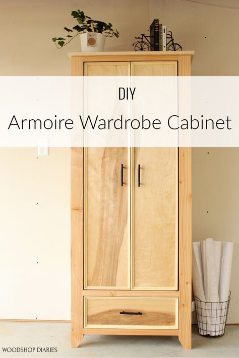 Check out these awesome woodworking plans that show you how to build your own armoire wardrobe cabinet from basic 2x4s and plywood! Learn how to build it with this super helpful video and step by step woodworking and building plans. This design is simple and modern with doors at top and drawer at bottom. How To Build An Armoire, Build Armoire, Diy Wood Armoire, Waredrobe Cabinet, Armoire Diy Build, How To Build A Wardrobe Closet, Diy Standing Cabinet, Diy Wardrobe Cabinet, Wardrobe Plans Diy