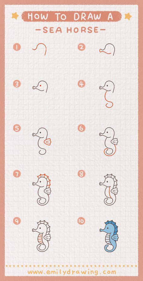 Illustration Sea Animals, How To Draw A Seahorse Easy, How To Draw A Seahorse Step By Step, How To Draw Seahorse, Sea Horses Drawing, How To Draw Starfish, How To Draw Sea Creatures Step By Step, How To Draw A Seashell, Sea Horse Doodle