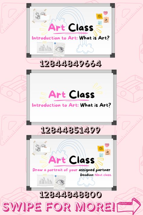 I made two versions: one with looots of design and one plain one for those who prefer a more simple type. I hope you enjoy these bloxburg decals for your art class rps<3 Thank you for always requesting and giving ideas! #roblox #bloxburg #bloxburgdecals #robloxdecals #bloxburgschooldecals #bloxburgschool #robloxschool #bloxburgwhiteboard #bloxburgartclass Name List With Numbers, Locker Bloxburg Codes, Bloxburg School Locker Decal Codes, Diner Bloxburg Codes, Bloxburg School Bathroom Decals, Security Bloxburg Decal, Small School Bloxburg, Bloxburg School Ideas Layout With Dorms, School Decals For Bloxburg