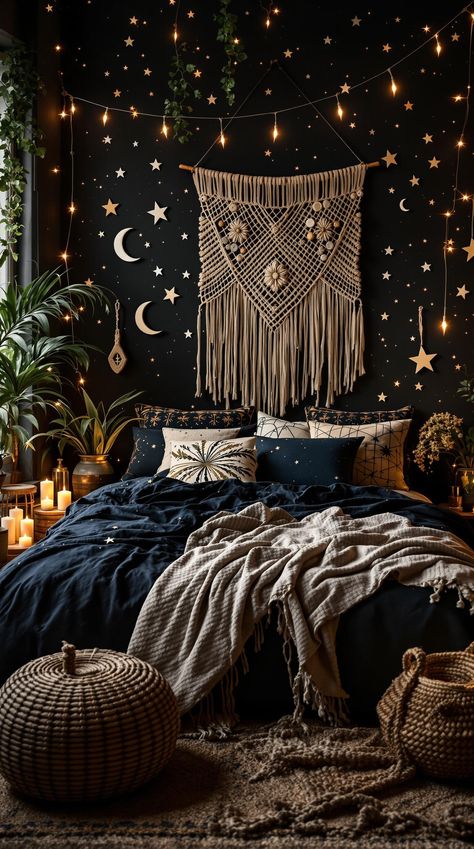 Black Boho Bedroom Ideas Boho Celestial Bedroom, Dark Cozy Bedroom Bohemian, Dark Bohemian Bedroom, Black Boho Bedroom, Boho Apartment Ideas, Boho Bedroom Makeover, Dark Cozy Bedroom, Celestial Motifs, Dark Bohemian