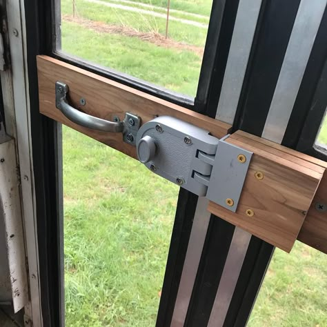 Busing It Homestead on Instagram: “Finally got around to installing a keyed lock on the front door! No more climbing through the back of the bus. #skoolie” Skoolie Drawer Latch, Bus Door Conversion, Skoolie Accessories, Skoolie Door Ideas, Skoolie Door, Skoolie Layout, Shuttle Bus Conversion, Bus Remodel, Bus Rv Conversion