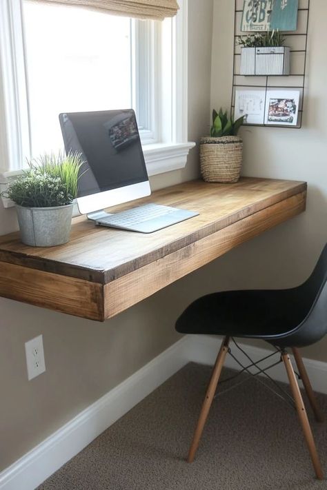 "Transform any room into a productive space with a DIY Floating Desk! 🛠️💻 A great solution for small spaces and modern decor. 🌟✨ #FloatingFurniture #DIYHome #WorkspaceIdeas" Rustic Kids Desk, Diy Wall Desk Ideas, Floating Top Desk, Wood Wall Desk, Floating Desk Under Window, Diy Hideaway Desk, Shelf Desk Diy, Floating Desk Bedroom, Simple Desk Ideas