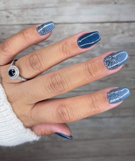 Dip Powder Nails Blue And Silver, White Line Nail Art Designs, Denim Blue Pedicure, Winter Nails 2023 Blue, Blue Rose Gold Nails, Denim Nail Color, Winter Nails Blue Silver, Blue Nails Winter Sparkle, January Toe Nail Color