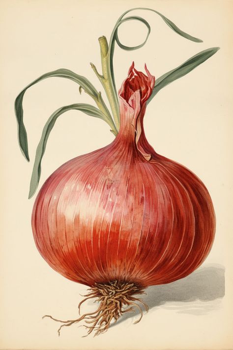 Vegetable Botanical Illustration, Red Onion Illustration, Free Fruit Printables, Vintage Vegetable Illustration, Drawings Of Vegetables, Onion Image, Onion Illustration, Onion Pictures, Fruit Printables