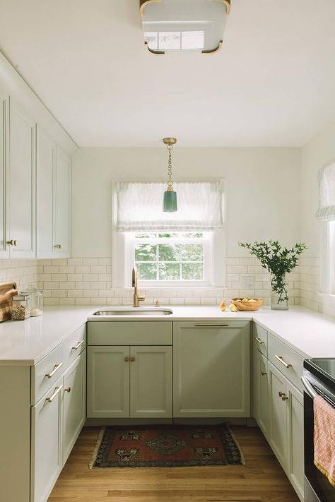 Soft green kitchen cabinets U Shaped Kitchen With Peninsula, Small U Shaped Kitchens, Small U Shaped Kitchen, Galley Kitchen Remodel, Shaped Kitchen, Kabinet Dapur, U Shaped Kitchen, Kitchen Remodel Before And After, Kitchen Designs Layout