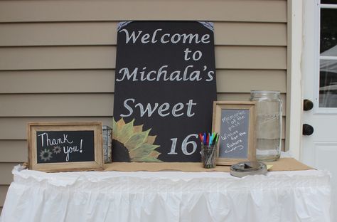 Rustic Sunflower gift/welcome table for Sweet 16 party. Sweet 16 Welcome Table, 16birthday Party Ideas, Sweet 16 Themes, Birthday Sweet 16, Sweet 16 Birthday Cake, Welcome Table, 16 Birthday Cake, Sweet 16 Gifts, Yacht Party