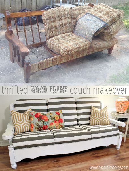 from old and falling apart to new and snazzy - a vintage, wood frame couch makover that cost around $50 | Bean In Love blog Wood Frame Couch, Couch Makeover, Old Couch, Furniture Rehab, Diy Furniture Couch, Refurbished Furniture, Couch Furniture, Flipping Furniture, Redo Furniture