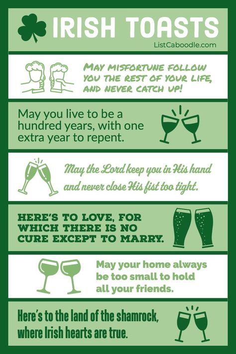 Enjoy these famous Irish toasts and cheers at weddings, birthdays, retirement parties, St Patty's Day, or any celebration. #IrishToasts #StPatricksDay #DrinkingToasts #WeddingToasts Irish Drinking Quotes, Irish Wedding Toast, Irish Blessing Quotes, Ireland Facts, Funny Toasts, Irish Toasts, Irish Birthday, Irish Cheers, Irish Words