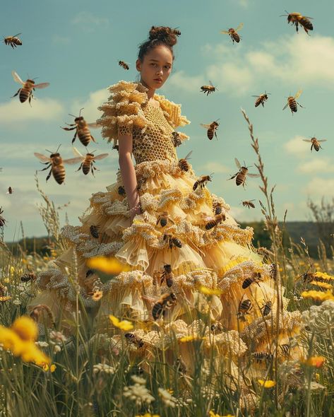 Queen Bee 🐝 : an eco-friendly clothing concept that turns your dress into a home for bees Still thinking about Spring/Ostara for this one for #landofblursed @blursed_montage and #chxrchchallenges @the_clone_supper #midjourneyfashion #aifashion #midjourneyconcept #midjourneycommunity #midjourneyv6 #midjourneyblend #midjourneysref #midjourneyai #fashionconcept #ecofriendly #bees #ecofriendlyfashion #aifashiondesign #midjourneyfashiondesign #midjourneyfashion Bee And Flower Costume, Food Inspired Outfits, Fashion Themes Inspiration Ideas, Honey Bee Costume, Bee Witch, Eco Aesthetic, Monster Woman, Honey Costume, Insect Dress