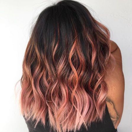 Dark Brown To Rose Gold Ombre, Dark Brown With Rose Gold Balayage, Brown With Rose Gold Balayage, Rose Gold Hair Copper, Rose Gold Hair With Highlights, Low Maintenance Fun Hair Color, Rose Gold Balayage Black Hair, Brown To Rose Gold Balayage, Rose Gold Highlights On Brown Hair