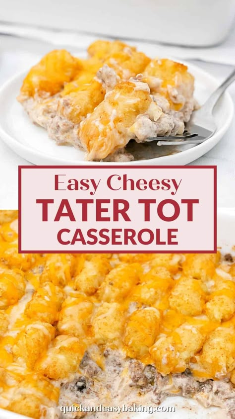 A super easy tater tot casserole that's extra cheesy with seasoned ground beef, onions, garlic, sour cream, mushroom soup and frozen tater tots. It's the perfect easy family dinner. Easy Dinner Ground Beef, Cheesy Tater Tot Casserole, Cheap Ingredients, Easy Tater Tot Casserole, Casserole With Ground Beef, Cheesy Tater Tots, Beef Ground, Tot Casserole, Tater Tot Casserole