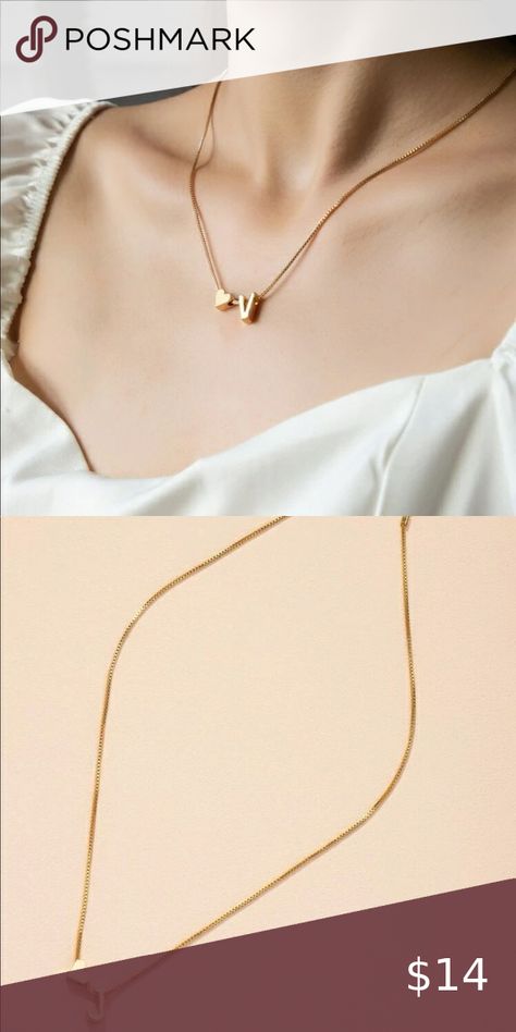 Gold chain necklace initial letter V gold heart charm Alphabet Pendent, Letter Pendent, Necklace Initial Letter, Jewelry Necklace Simple, Personalized Gold Necklace, Gold Initial Pendant, Cute Valentines Day, Necklace With Heart, Gold Mangalsutra Designs