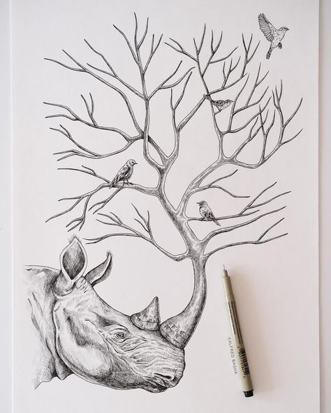 ink animal drawing Rhino Art Illustration, Alfred Basha, Rhino Art, Drawing Tree, Fantasy Nature, Abstract Pencil Drawings, Magical Art, Nature Drawing, Tree Tattoo