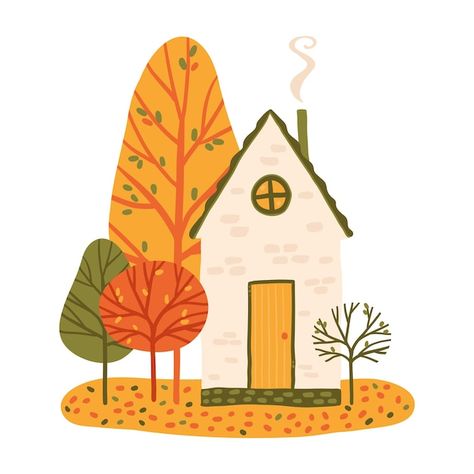 Doodle House, Orange Trees, The Forest, Cozy House, In The Middle, Premium Vector, The Middle, Cabin, Trees