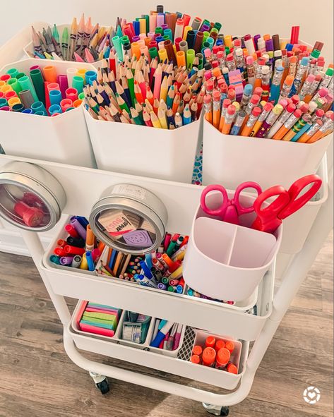 Classroom Art Cart, Kids Art Caddy, Kids Art Station Organization, Kids Art Cart Organization, Toddler Art Cart, Craft Cart For Kids, Kindergarten Desk Organization, Kids Arts And Crafts Organization, Kids Craft Area Art Corner