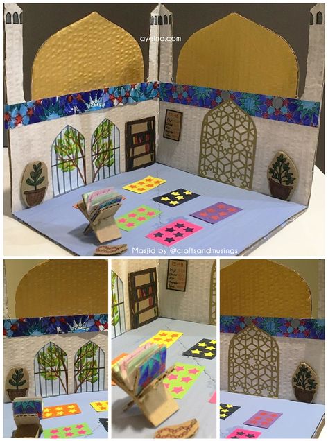 Ramadan Projects For Kids, Islamic Arts And Crafts, Quran Shelf, Masjid Interior Design, Ramadhan Decoration, Masjid Interior, Mihrab Masjid, Muslim Kids Crafts, Diy Perfumes