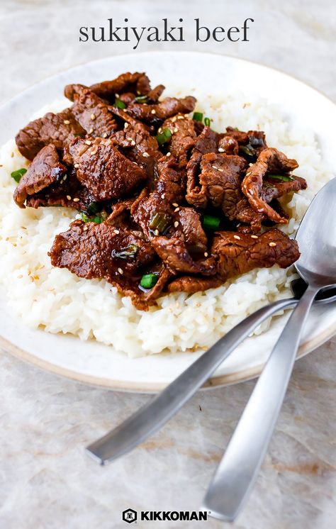 Thinly Sliced Beef with Sukiyaki Sauce | This delicious beef is tender, flavorful, and perfect as a quick dinner that really packs a punch. With a sweet and savory flavor palette, everyone will love how this tender beef tastes! Serve over cooked rice or salad greens to mix up the style of this dish for a unique meal every time. Kikkoman® Sukiyaki Sauce is made with a delicious combination of Kikkoman® Soy Sauce, Mirin, sugar, and seasonings for rich flavor. #Kikkoman Sliced Beef Recipes, Sukiyaki Recipe, Korean Beef Bulgogi, Bulgogi Sauce, Bulgogi Recipe, Ground Beef Pasta, Teriyaki Beef, Asian Vegetables, Bulgogi Beef