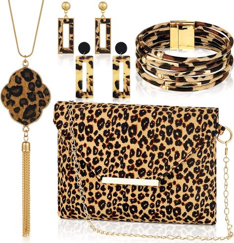 Leopard Print Top Handle Shoulder Bag For Shopping, Leopard Print Shoulder Bag With Double Handle, Luxury Leopard Print Shoulder Bag With Leather Handles, Trendy Leopard Print Dangle Jewelry, Leopard Print Tote Shoulder Bag With Handles, Leopard Clutch, Costume Jewelry Sets, Printed Purse, Printed Clutch