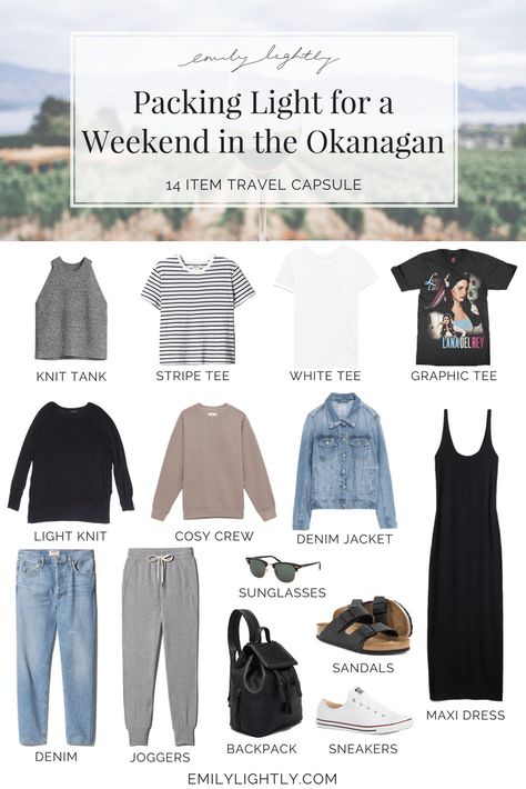 Travel Capsule - Packing Light for a Weekend in the Okanagan // Emily Lightly - capsule wardrobe, minimalist style, travel packing tips, minimal women’s fashion Capsule Packing, Packing Wardrobe, Weekend Packing, Minimalist Moda, Travel Capsule, Travel Capsule Wardrobe, Minimalist Travel, Minimalist Capsule Wardrobe, Capsule Outfits