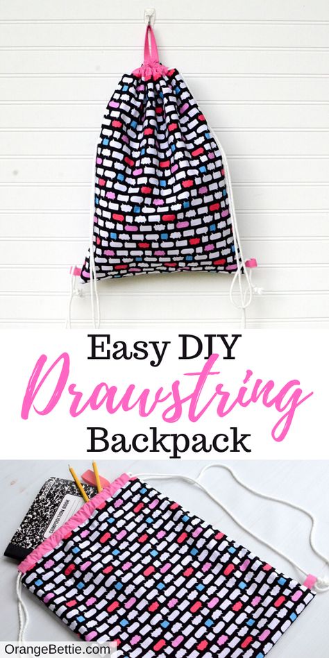 Easy DIY Drawstring Backpack Sewing Tutorial Diy Drawstring Backpack, Drawstring Backpack Tutorial, Drawstring Backpack Pattern, Backpack Patterns, Sewing With Scraps, Backpack Pattern Sewing, Backpack Tutorial, Backpack Diy, Backpack Sewing