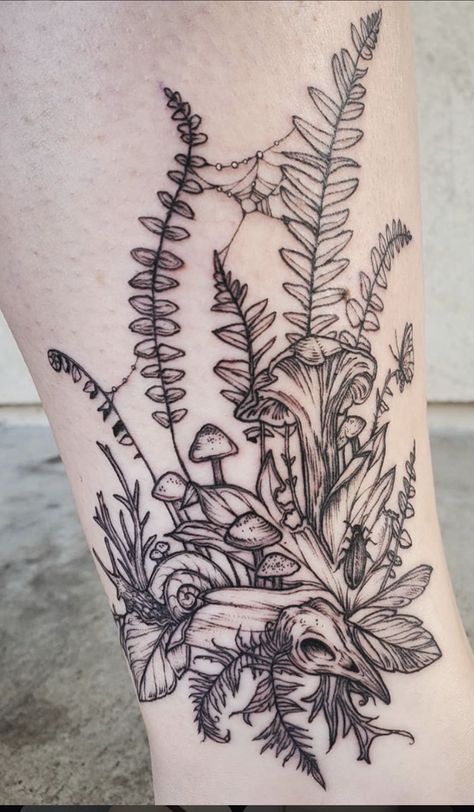 Fern With Roots Tattoo, Ecology Tattoo Ideas, Whimsical Leg Sleeve, Tree Mushroom Tattoo, Earthy Arm Tattoos For Women, Moss Tattoo Nature, Fern Chest Tattoo Female, Whimsical Garden Tattoo, Botanist Drawing