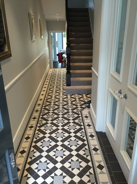 Edwardian Tiles are great for inspiration. Edwardian Hallway, Victorian Hallway Tiles, Hallway Tiles Floor, Hall Tiles, Victorian Hall, Victorian Hallway, Victorian Floor Tiles, Black Floor Tiles, Hall Flooring