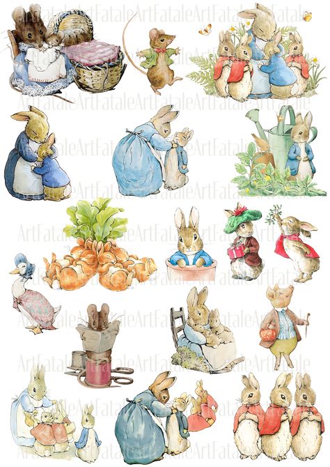 These super beautiful Peter Rabbit, family, and friends are perfect for diy crafts like cards, junk journals, tea party invitations, wedding or bridal invitations, baby showers, nursery decor and much more! Enjoy these nostalgic cute Peter Rabbit images! 🐰💖 Peter Rabbit Illustration, Journal Png, Beatrix Potter Illustrations, Peter Rabbit Nursery, Rabbit Clipart, Rabbit Png, Peter Rabbit Birthday, Rabbit Family, Rabbit Birthday