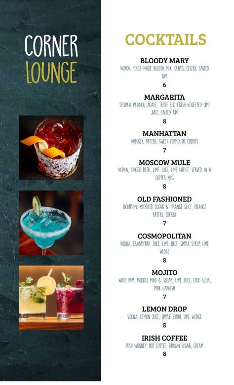 Cocktail Lounge Menu Design Template by MustHaveMenus Cocktails Menu Design, Juice Bar Menu, Drink Menu Design, Menu Maker, Cocktail Theme, Smoothie Bar, Menu Design Template, Cocktail Lounge, Design Edit