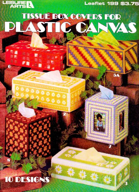 "\"Tissue Box Covers in Plastic Canvas\", is a vintage plastic canvas pattern booklet from 1981 -- now offered as an instant download so you can start crafting right away! This booklet teaches you 14 basic needlepoint stitches to complete your projects. 10 Designs: * Shells Tissue Box Cover * Yellow & White Tissue Box Cover * Daisies Tissue Box Cover * Rust & Orange Tissue Box Cover * Multi-Colored Tissue Box Cover * Variegated Scotch Stitch Tissue Box Cover * Photo Cube Tissue Box Cover * Waffl Plastic Canvas Books, Box Crafts, Bargello Needlepoint, Plastic Canvas Pattern, Plastic Canvas Tissue Boxes, Plastic Canvas Patterns Free, Needlepoint Stitches, Box Patterns, Leisure Arts