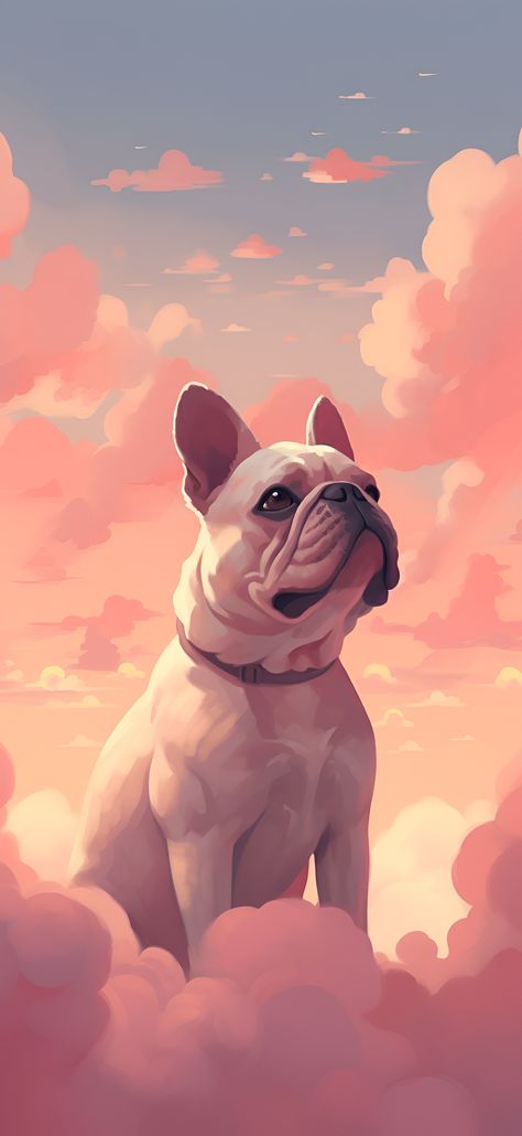 An aesthetic painting of a French Bulldog sitting amidst blush pink clouds. French Bulldog Aesthetic Wallpaper, French Bulldog Art Wallpaper, Frenchie Wallpaper, French Bulldog Aesthetic, Bulldog Aesthetic, French Bulldog Wallpaper, Bulldog Wallpaper, White French Bulldogs, French Bulldog Art