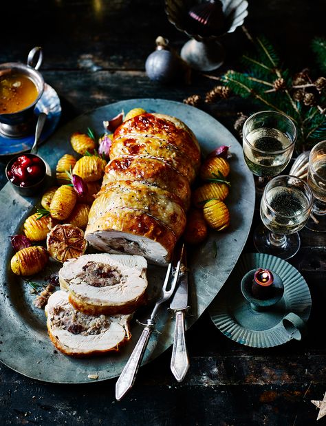 A turkey breast, stuffed and rolled, will feed about six people perfectly, and makes a really beautiful centrepiece on the Christmas table Cooking Wild Rice, Herb Stuffing, Turkey Breast Recipe, Roast Turkey Breast, Stuffing Recipes, Turkey Breast, Roasted Turkey, Turkey Recipes, Christmas Dinner