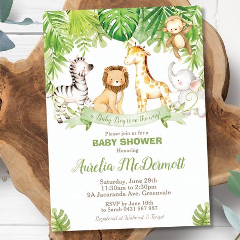 Safari Jungle Animals Baby Shower Boy Green Forest Invitation Baby Jungle Room, Safari Baby Boy, Forest Invitation, Jungle Safari Baby Shower, Baby Boy Invitations, Safari Invitations, Safari Baby Shower Invitations, Animals Baby Shower, Baby Shower Tea