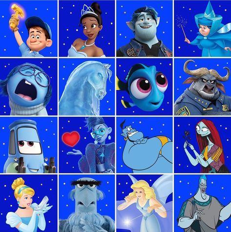 Blue Disney Characters, Disney Amor, Colored Characters, 50 Shades Of Blue, Rainbow Cartoon, Disney Phone Cases, Kawaii Disney, Movie Club, Disney Collage