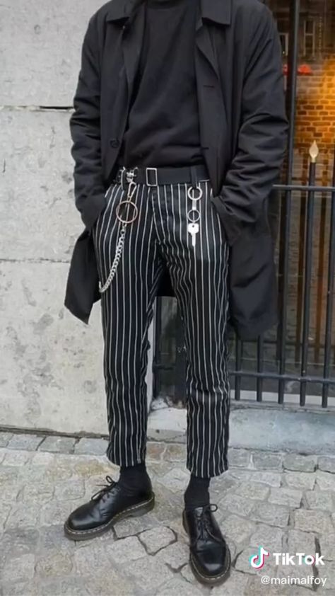 Goth Outfits Men, Summer Goth Outfits, Formal Aesthetic, Black And White Striped Pants, Jacket Belt, Dream Reality, Goth Guys, Striped Trousers, Summer Goth