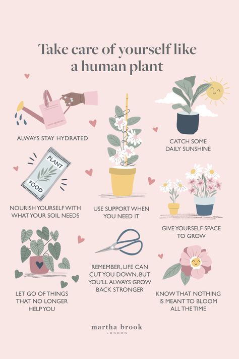 an infographic with illustrations of how we can look after ourself like a human plant from staying hydrated, catching some daily sunshine, giving ourselves space to grow to using support when we need it! Mental Health Awareness Week, World Kindness Day, Practicing Self Love, Self Care Bullet Journal, Mental And Emotional Health, Self Care Activities, Plant Food, Health Awareness, Self Care Routine