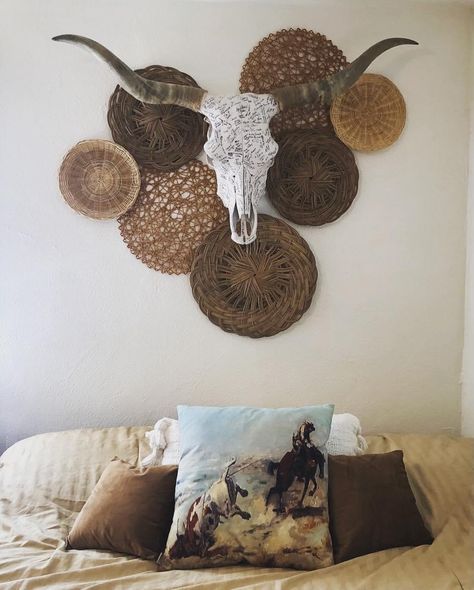 Cow Skull Decor Living Room Farmhouse, Diy Western Decor Living Room, Boho Native American Decor Living Rooms, Cow Print Living Room Ideas, Boho Decorations Living Room, How To Hang A Cowhide On The Wall, Cow Hide On Wall Decor, Boho Skull Decor, Native American Home Decor Ideas