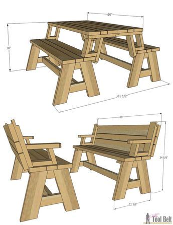 Not only is this picnic table great for outdoor eating, but it easily converts into two cute garden benches. The picnic table’s top folds down to create the back of the bench, for a relaxing seat. Meja Outdoor, Bench And Table, Diy Picnic Table, Picnic Table Plans, Wooden Benches, Picnic Table Bench, Folding Picnic Table, Into The Wood, Outdoor Eating