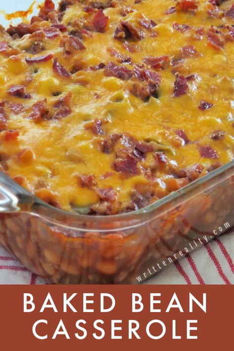 Baked Bean Casserole Recipe - Written Reality Bake Bean Casserole, Baked Beans Side Dish, Leftover Baked Beans Ideas, Trisha Yearwood Baked Bean Casserole, Pork And Bean Casserole, Different Sides For Dinner, Baked Beans Dinner Meals, Recipes Using Canned Baked Beans, What To Eat With Baked Beans